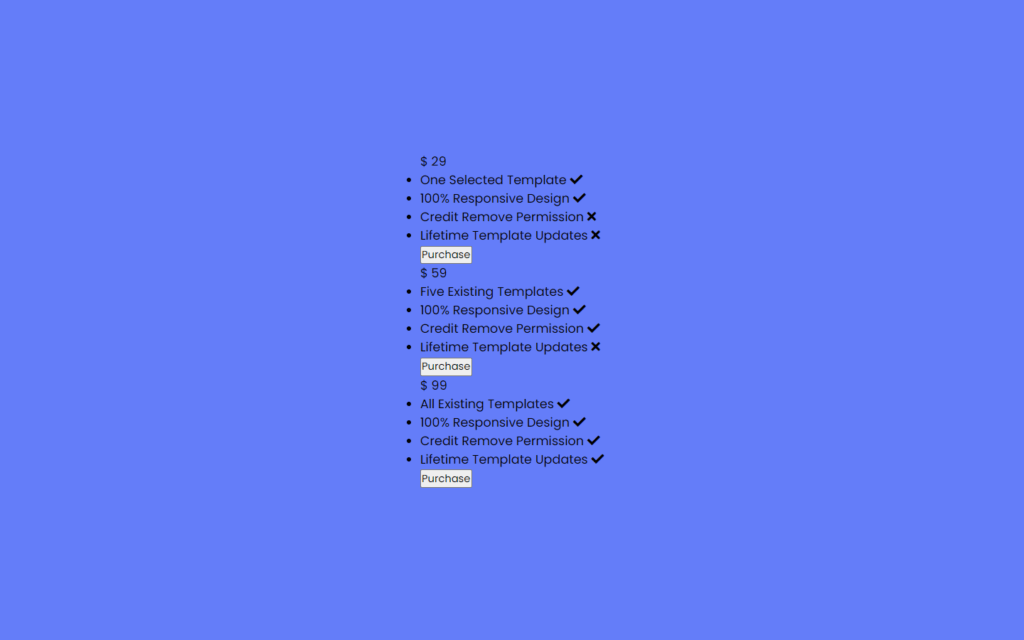 Responsive Pricing Table Card